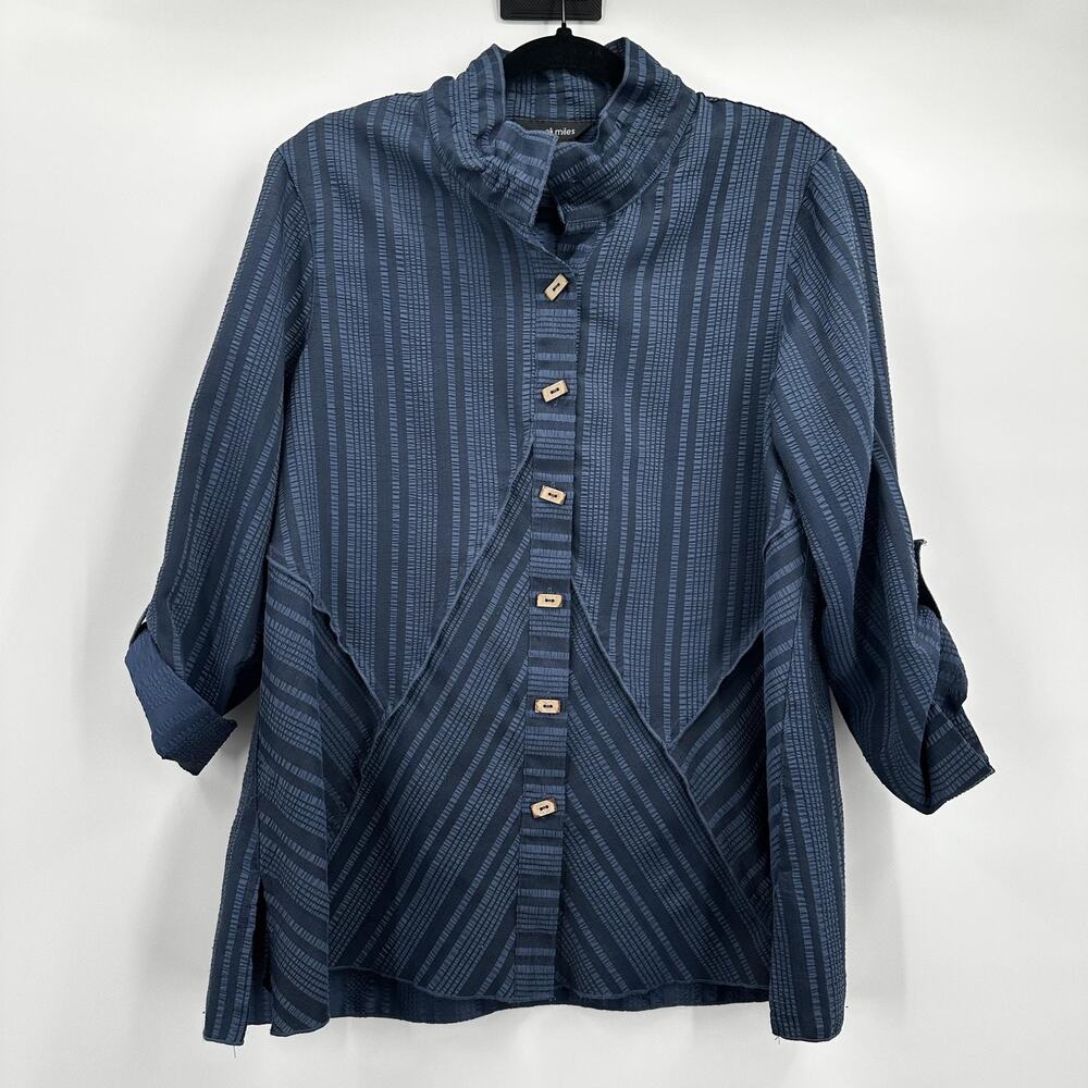 Ali Miles Shirt Womens Medium Textured Stripe Button Front Wire Collar Tunic